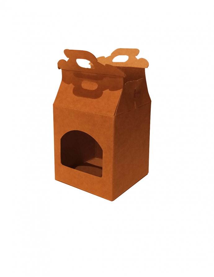 Caja de cartón con ventana y asa 9x9x10 cm
