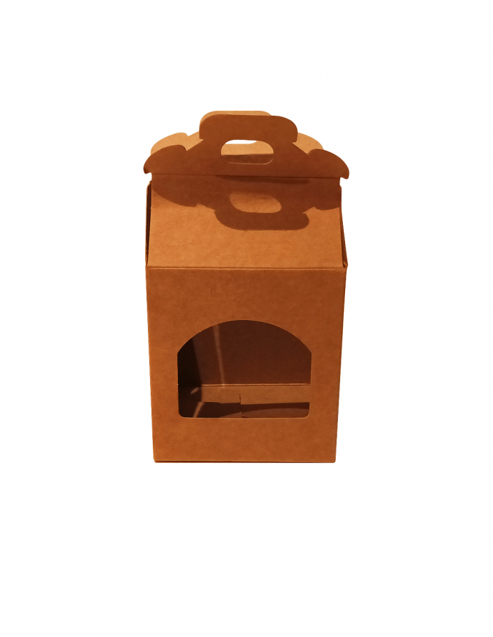 Caja de cartón con ventana y asa 9x9x10 cm