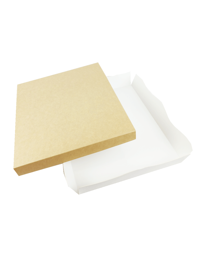 Caja modelo Niza con tapa kraft y base blanca 32x27X6cm